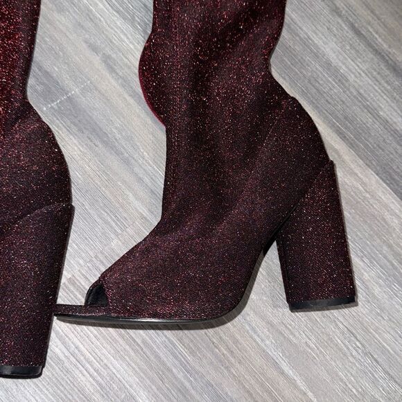 Burgundy Over-the-Knee Peep Toe Boots - Picture 2 of 6